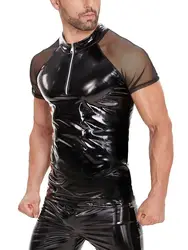 S-5XL Shiny Faux PU Leather Tshirt Mesh Short Sleeve T Shirt Men Wet Look PVC T-shirt Tights Sexy Shapers Muscle Tops Shapwear