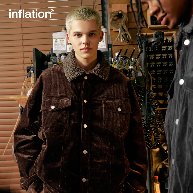 INFLATION Men\'s Corduroy Jacket American Casual Lapel Warm Lambswool Coat Jacket Streetwear