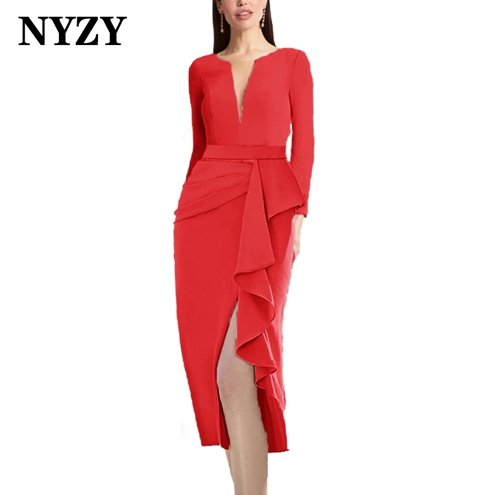 

NYZY M403 Chiffon Long Sleeves High Slit Ruffles Red Evening Dresses 2024 Wedding Party Guest Wear Cocktail Prom Gown