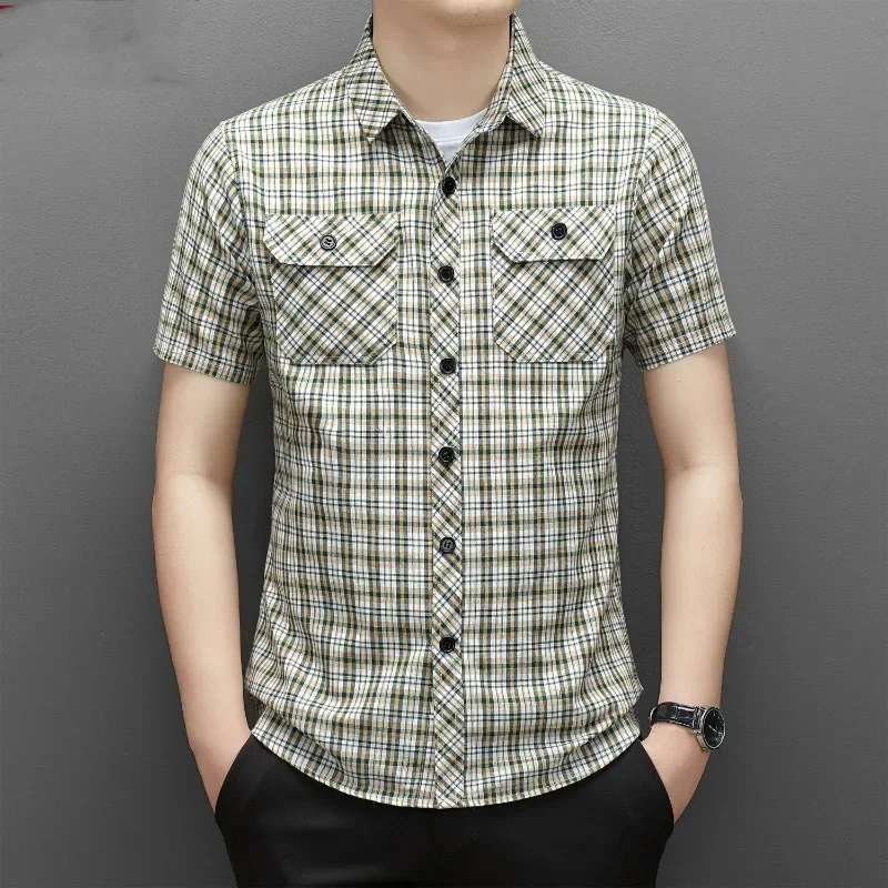 Summer Cotton Men's New in Shirt Slim Fit Plaid Striped Short Sleeve Button Pocket Polo Lapel Casual Fashion Vintage Tops WT44