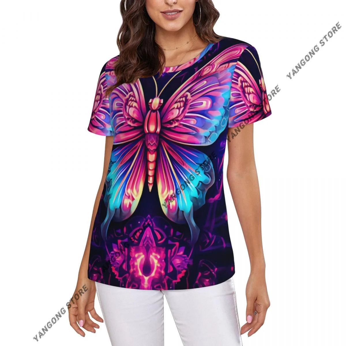 Womens Short Sleeve Beautiful Butterfly With Glowing Eyes In Cosmic Space Casual Tee Clothing Crewneck Woman T-Shirts