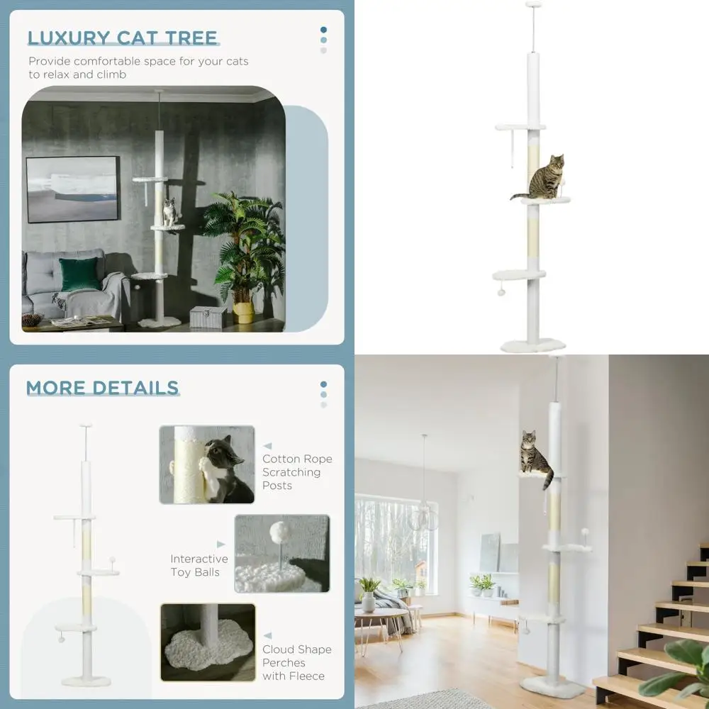 

Регулируемая белая кошачья башня: высота 88,5-100,5 см, лежанки-облака, когтеточки, игрушки