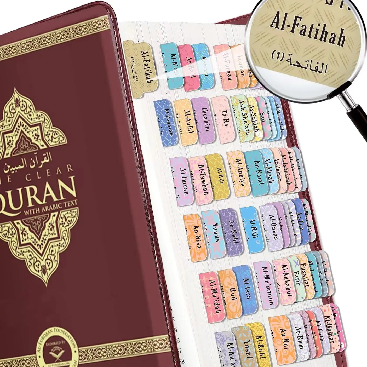 120 علامة تبويب للقرآن الكريم، علامات تبويب سورح القرآن (الإنجليزية والعربية) 114 فصلًا و6 علامات تبويب فارغة، مغلفة، علامات تبويب كتب القرآن الكريم، هدايا إسلامية