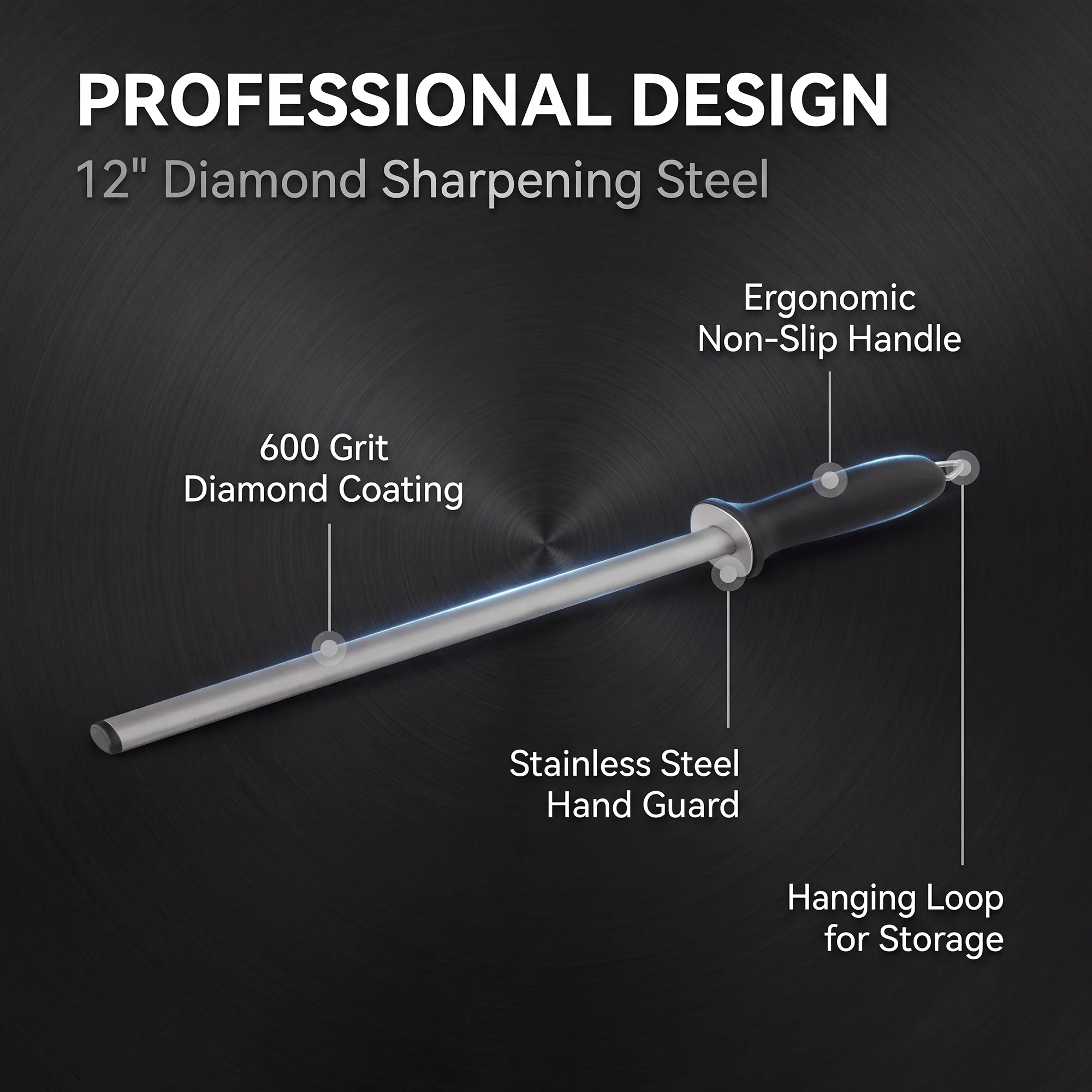 Taidea Diamond Sharpening Steel 12 Inch 600 Grit Rod Nylon Fiberglass Handle Stainless Steel Kitchen Knife Sharpener Tool