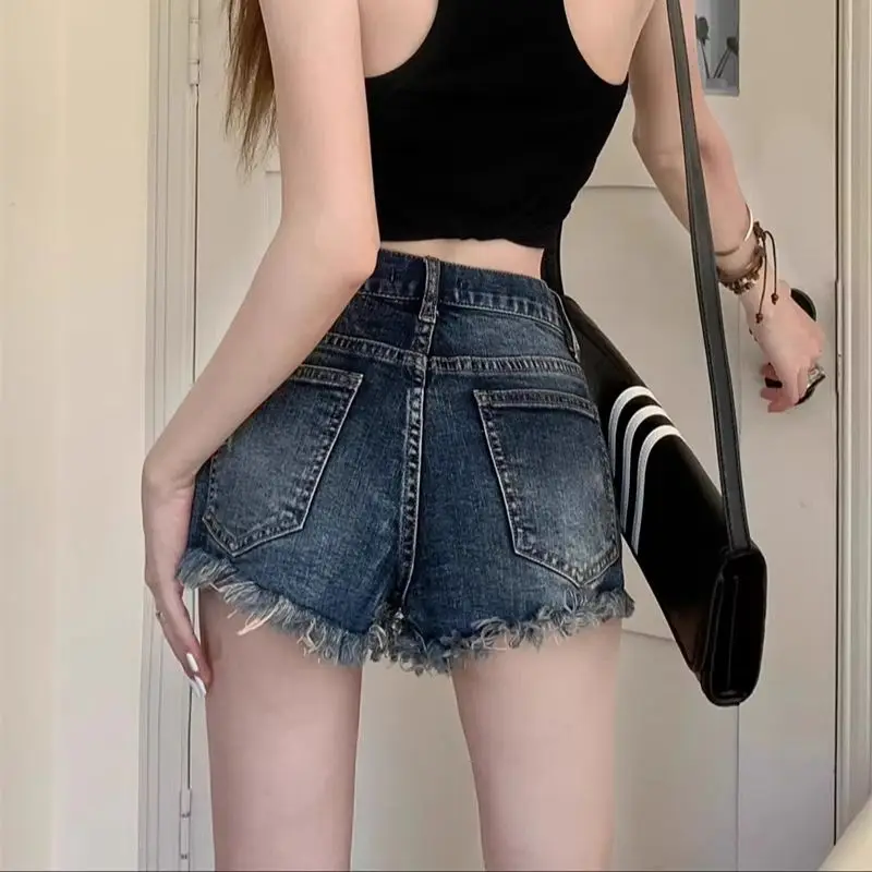 Pocket Leak Vintage High-Waisted Sexy & Club Denim Shorts y2k Women Clothing Loose Raw Edge Short Summer Ripped A-line Pants