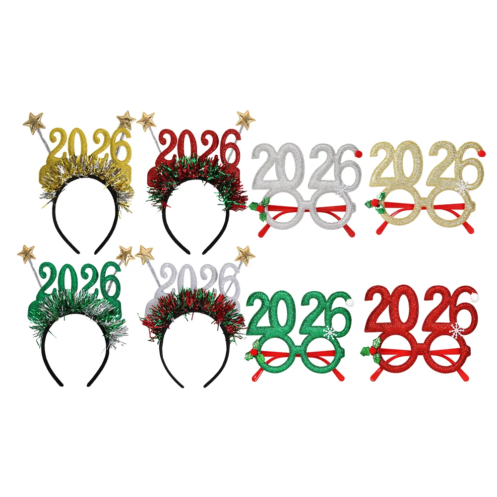 

8Pcs New Year Party Glasses Headband 2026 Glitter Photo Props Happy New Year Eve Party Accessory Glitter Hairband 2026