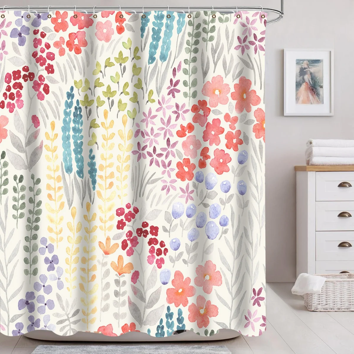 Spring Flower Shower Curtain Fabric Multi-color Plant Leaves Bathroom Shower Curtain Set with Hooks 180x180cm
