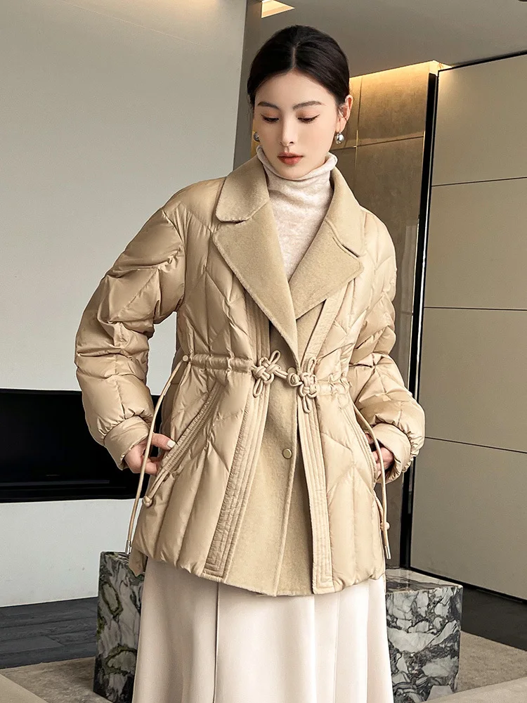 2023 Women New Korean Collar Folds Casual Vintage Down Coat Large Pockets Solid Color Original Down Coat