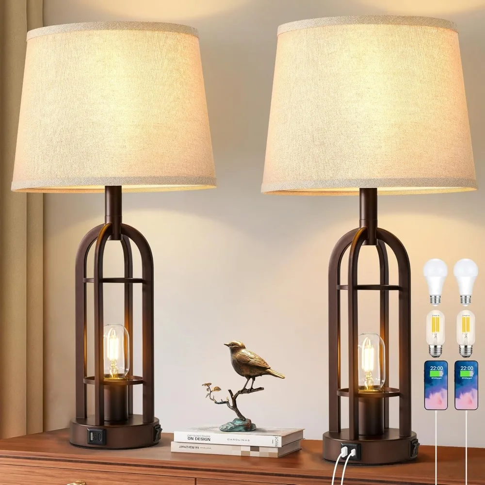 

Table Lamps for Living Room End Table Set of 2 - Farmhouse Industrial Bedside Lamps for Bedroom Nightstand with Nightlight and U