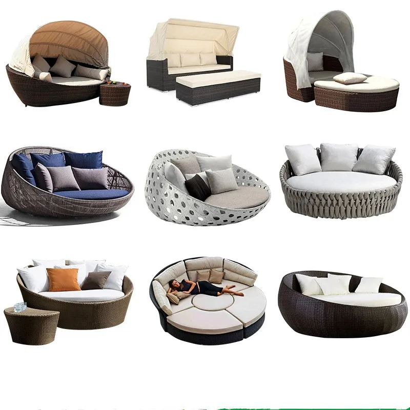 Large round bed open-air rattan creative sofa bed beach hotel bed lazy lounge chair combination