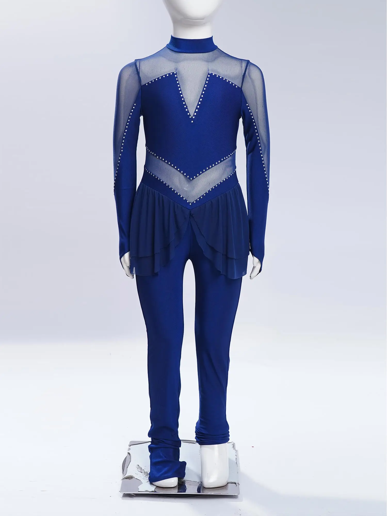 

Kids Girls Figure Skating Performance Costume Dancewear Long Sleeve Jumpsuit Sheer Mesh Patchwork Rhinestones Leotards Rompers