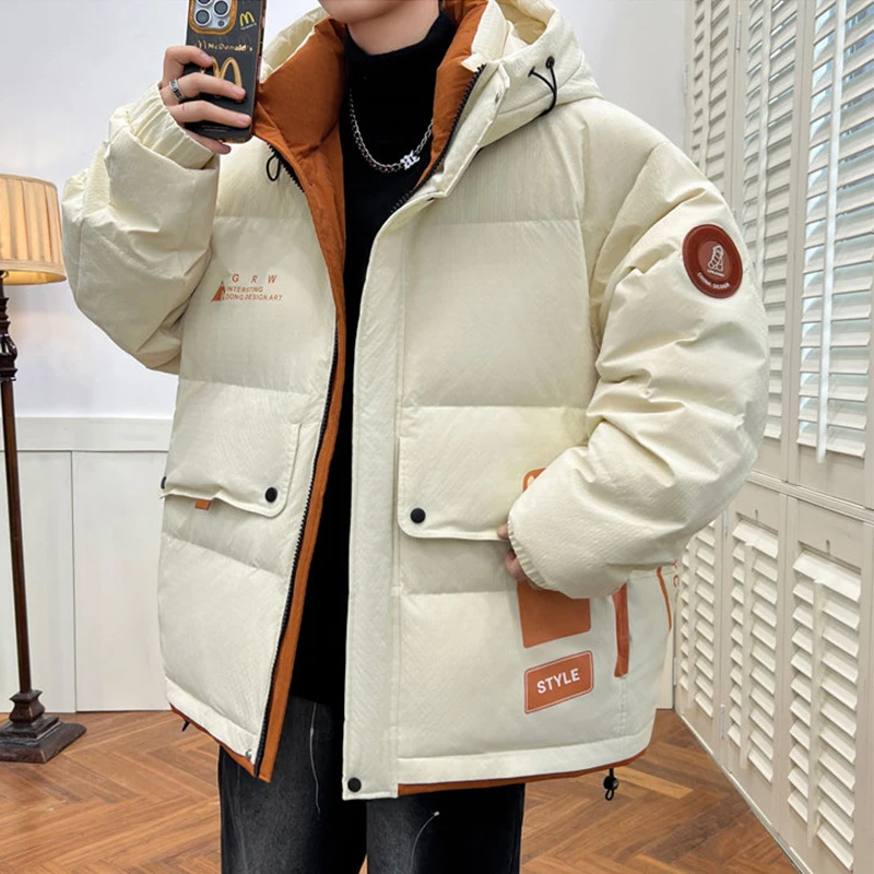 

Fashion Men's Warm Hooded Cotton-Padded Jackets 2025 Winter Youth High Street Wear Thicken Coats Outdoor Windproof Tops Clothing