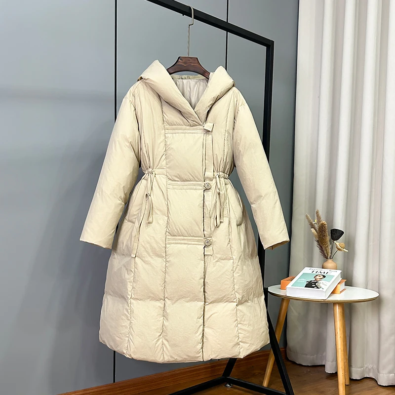 2023 Winter New Large Waist Down Coat for Women Mid Length Windproof Hood Thickened Warm Single Breasted White Duck Down Coat