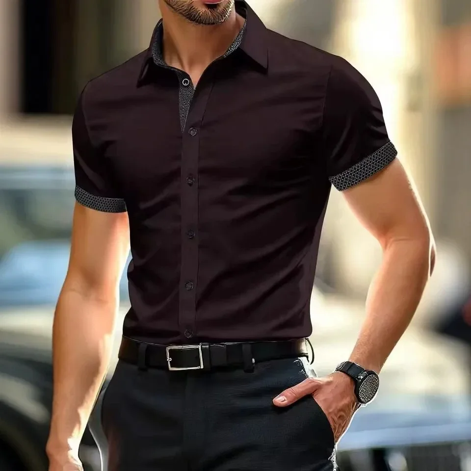 Herren Sommer Neuheit: Einfarbiges, gespleißtes Kurzarmhemd – Modisches Business-Casual-Herrenhemd mit Revers und Knopfleiste