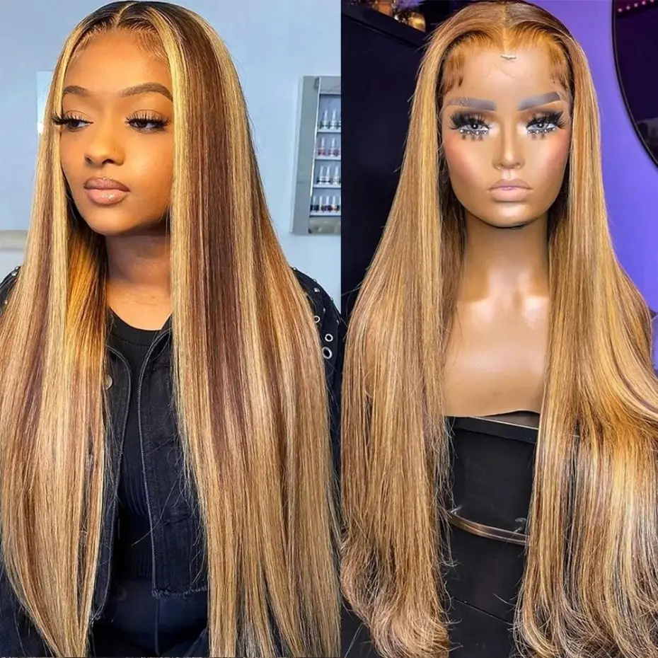 Highlight Wig Bone Straight 13x4 Lace Front Wig Honey Blonded Brown Colored Lace Frontal Brazilian Human Hair Wigs PrePlucked