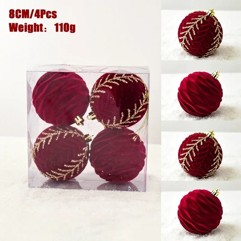 6/8cm 4pcs Christmas Balls Ornaments Wine Red Flocking Christmas Tree Party Decoration New Year Christmas Spheres 2023