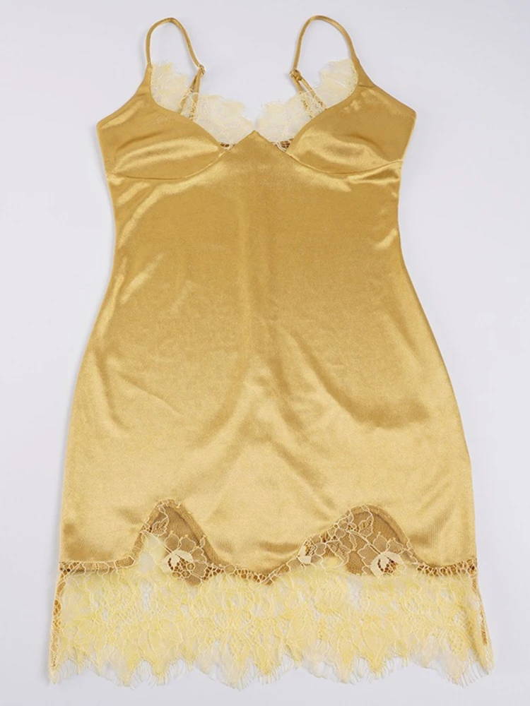 เดรสสายเดี่ยวรัดรูปทรงเข้ารูปสำหรับผู้หญิง ดีไซน์เซ็กซี่ แต่งลูกไม้ คอวีลึก แขนกุด เหมาะสำหรับฤดูร้อน แฟชั่นทันสมัย