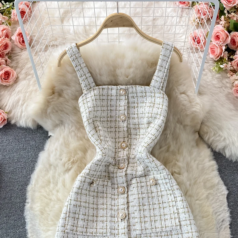 Vintage Tweed Dress Women Summer Autumn Single-breasted Spaghetti Strap Plaid Dress Party Mini Dress Vestidos