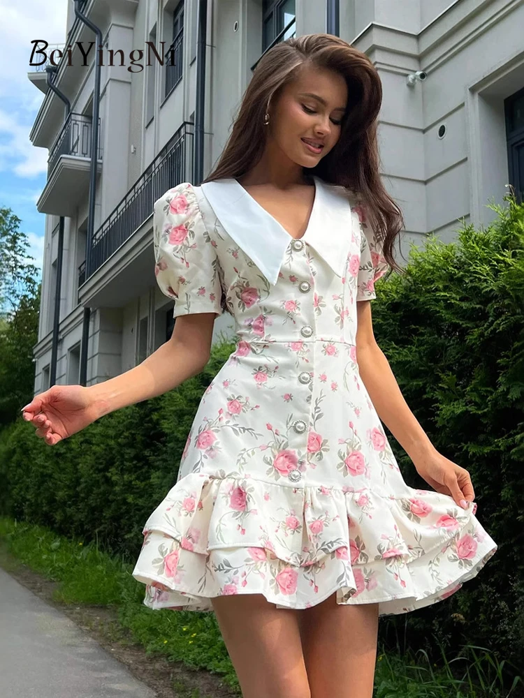 

Beiyingni French Women's Dress Summer Elegant Ruffle Slim V-neck Short Puff Sleeve Dresses Female Floral Printed Luxury Vestidos