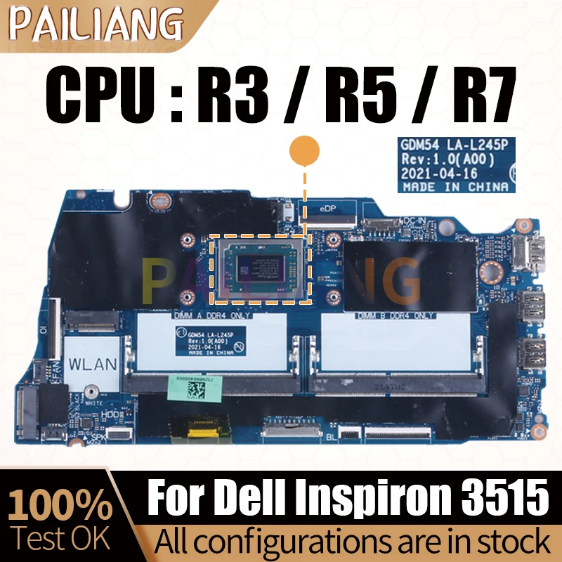 

For DellInspiron 3515 Notebook Mainboard Laptop LA-L245P 04D48M 04GWD8 0PY51M 0HV3P9 0GW26 R3 R5 R7 Motherboard Full Tested