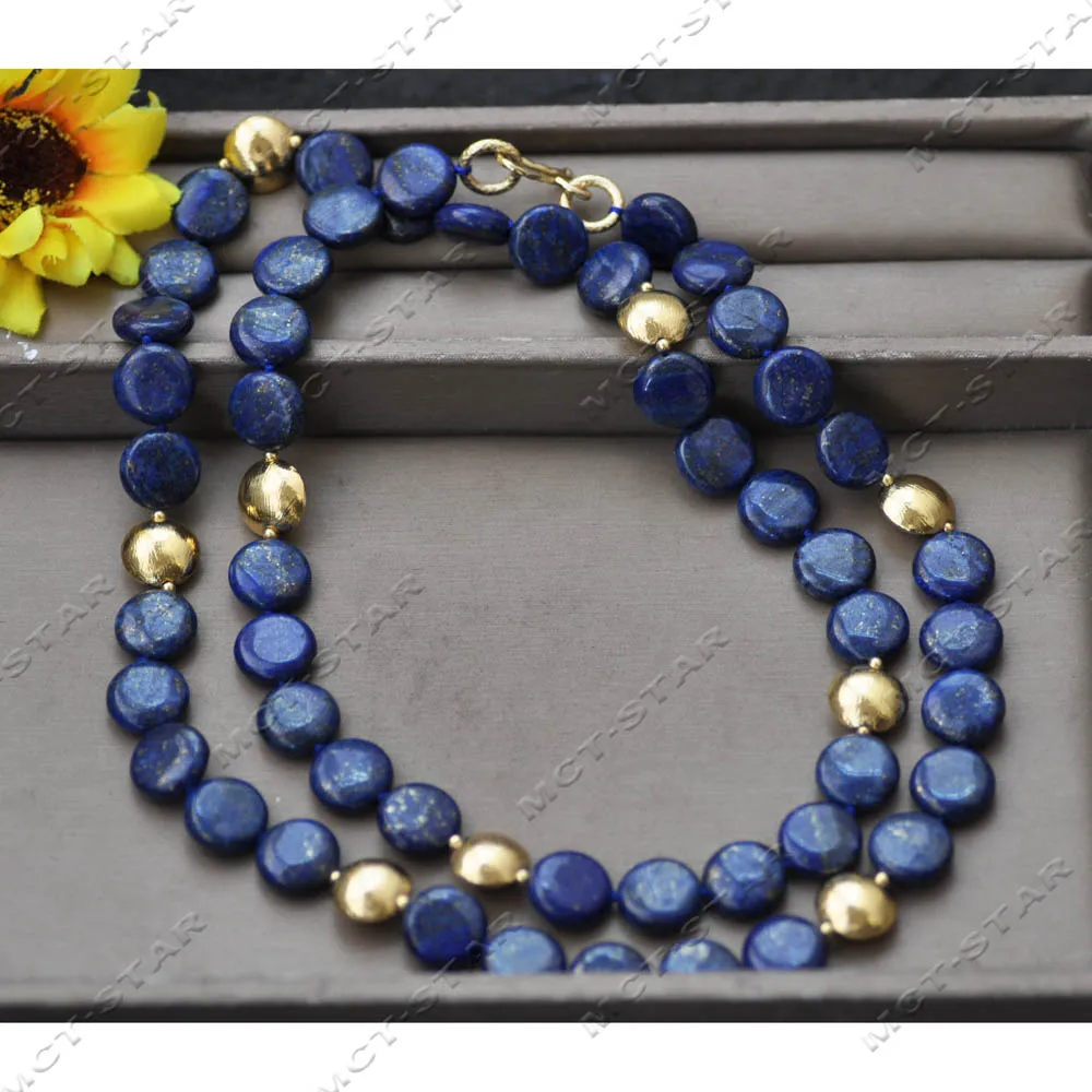 MTC·STAR 40'' 16mm Natural Blue Coin Lapis Lazuli Golden Coin Necklace (Z14590)