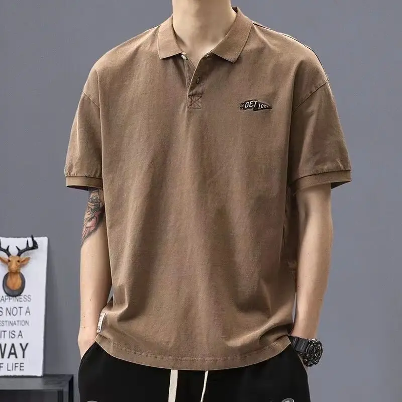 Retro Trendy Summer Polo Shirts Men Cotton T-shirt Lapel Button Embroidery Short Sleeve Loose Minimalist Breathable Casual Tops