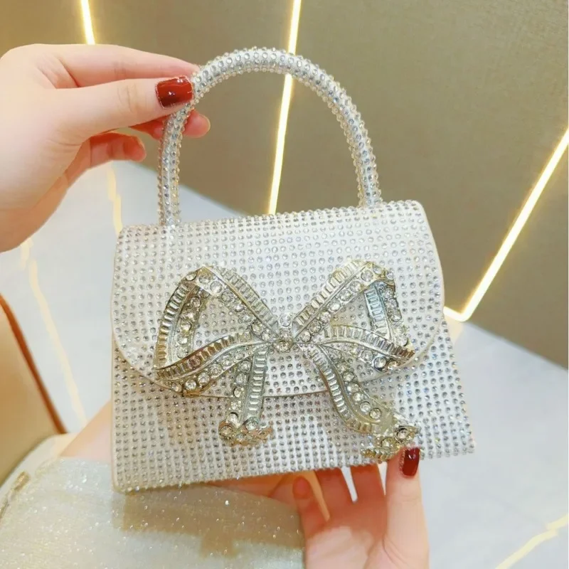 Fashion Socialite Banquet Bag for Women Blingbling Diamond Bowtie Evening Bag Sweet Top-handle Shoulder Chain Crossbody Bag Pink