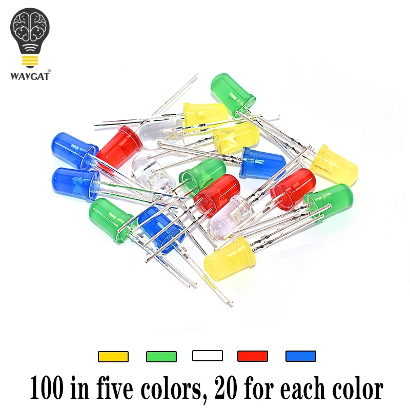 100PCS 5MM F5 LED Diode 5 mm Light Assorted Kit Green Blue White Yellow Red COMPONENT DIY kit