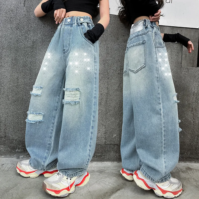 Girls Broken Denim Wide Leg Pants Spring Autumn Trousers Kids Jeans For Girls High Waist Loose Casual Style Children's Clothing