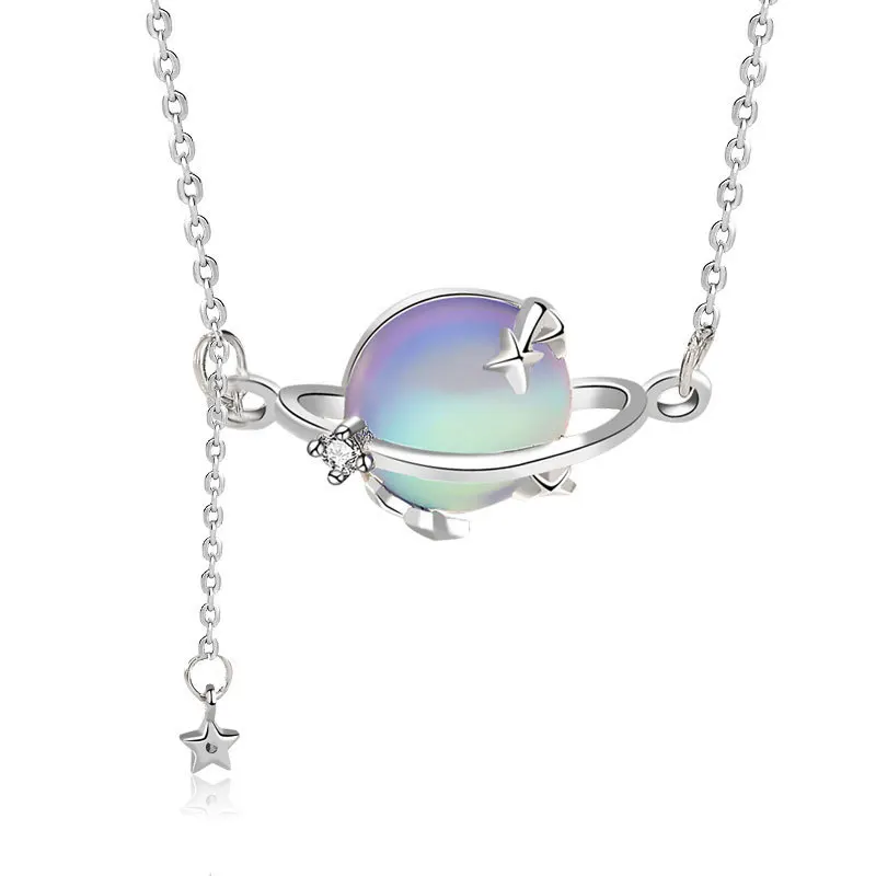 

Pure 925 Silver Jewelry With Simple Temperament Chain Moonlight Stone Planet Necklace For Female Birthday Party Gifts