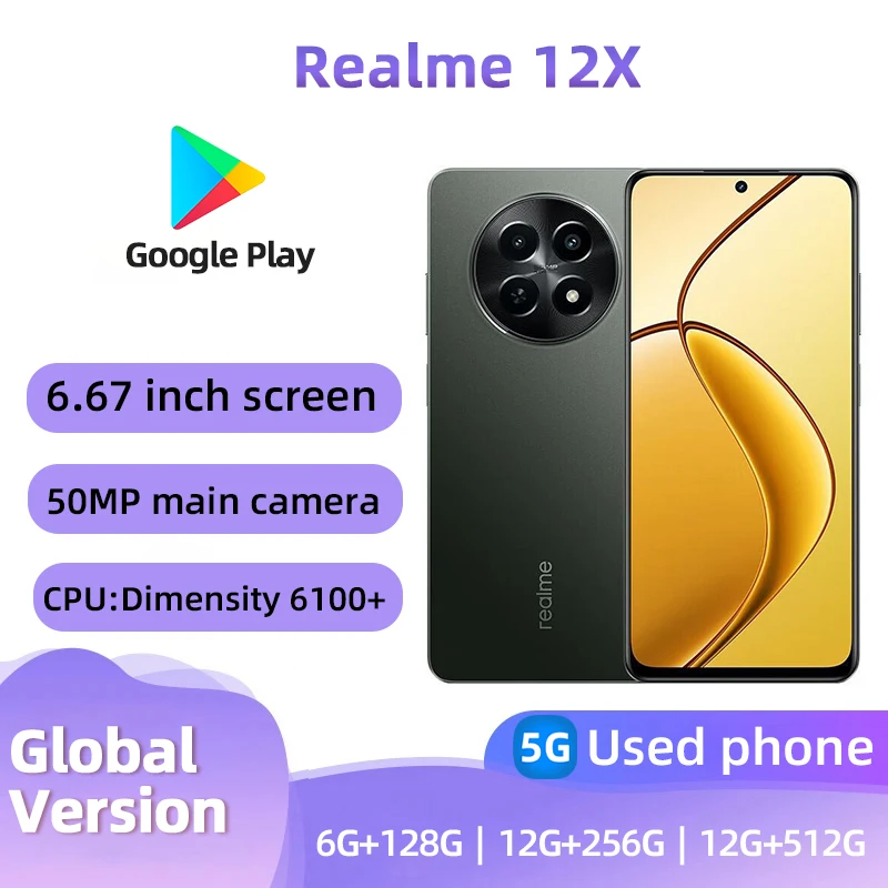 هاتف Realme 12x 5g الذكي غير مقفول بذاكرة الوصول العشوائي 12 جيجابايت وذاكرة قراءة فقط 256 جيجابايت جميع الألوان وحالة جيدة 50 ميجابكسل هاتف أندرويد مستعمل