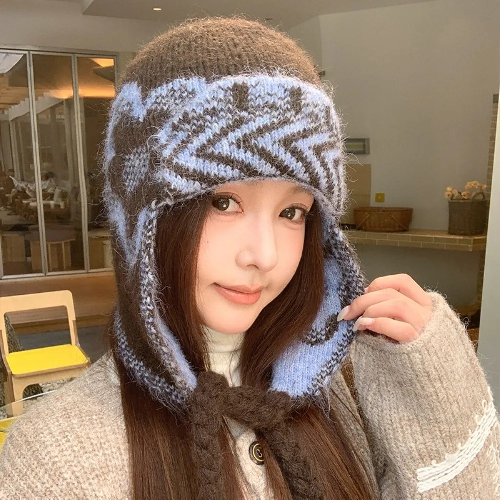 Face Slimming Ear Flap Hat Fair Isle Pattern Ear Protection Winter Knitted Hat 56cm to 58cm Acrylic Wool Blend Hat For Women
