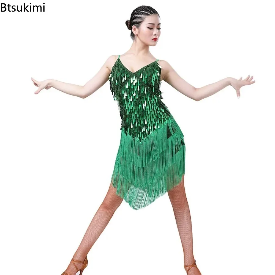 Abito da ballo latino con paillettes lucide da donna Nappa scintillante Party Dancewear Costume di scena Sala da ballo Salsa Samba Rumba Jazz Tango Outfit