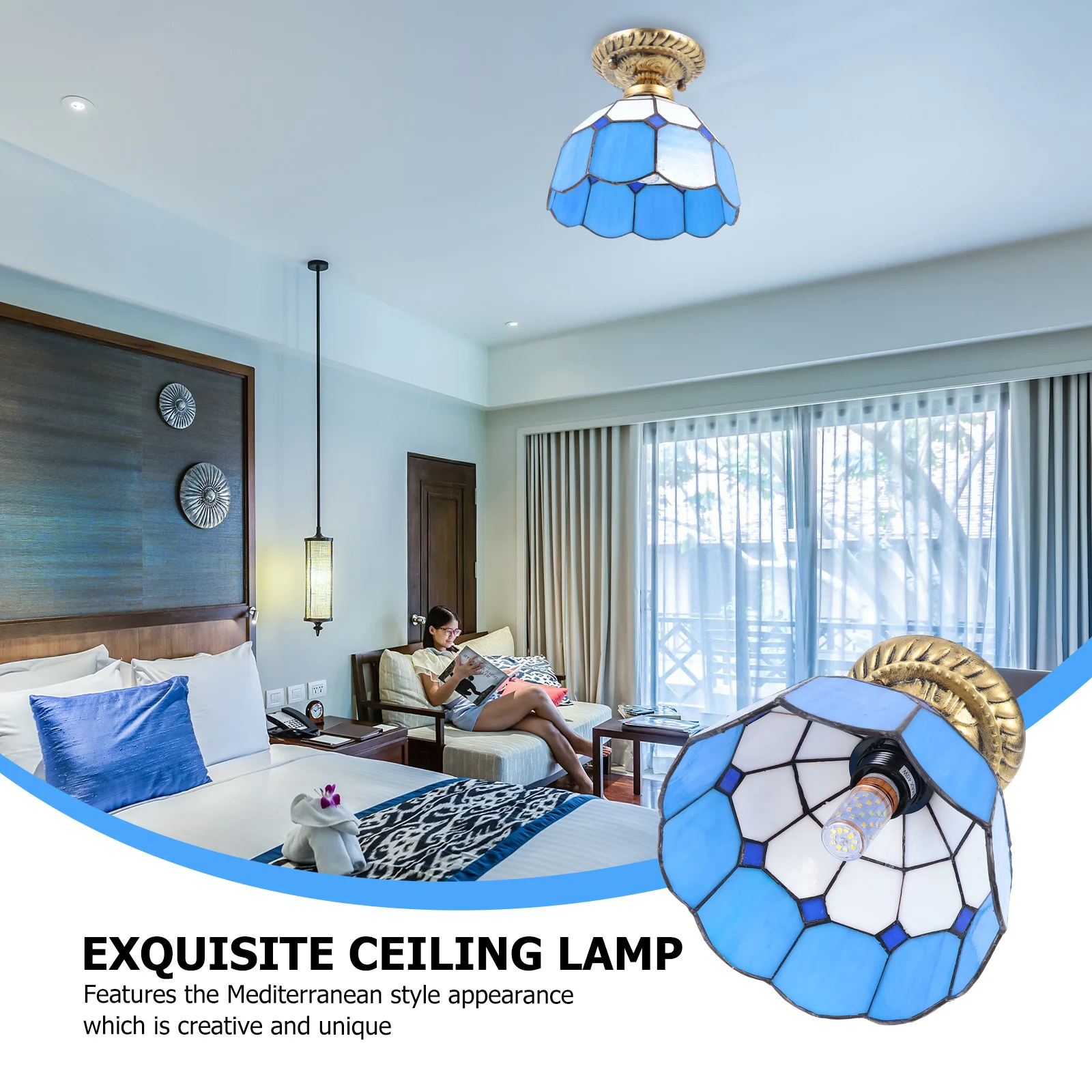 

1Pcs Ceiling Light Mediterranean Style Indoor Glass Craft Lamp Durable Decorative Indoor Ceiling Light Suitable for Home