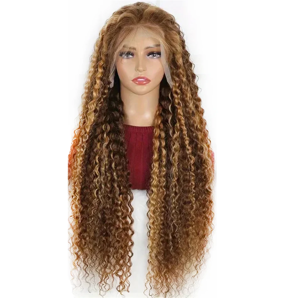 Parrucca anteriore in pizzo 13X4 da donna Parrucche per capelli umani ricci p4/27 Parrucca colorata Biondo miele Onda d'acqua Evidenzia parrucche ricce frontali Ombre