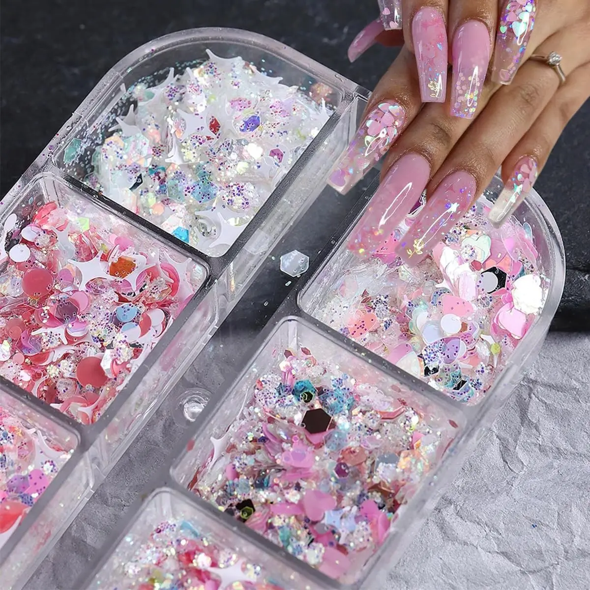 12 Gitter rosa Glitzer Herz Stern Nägel Pailletten 3D holographische Sechseck Bling Liebe Kreuz Stern Nagel Flocken gemischt Weihnachten Nagel Pailletten