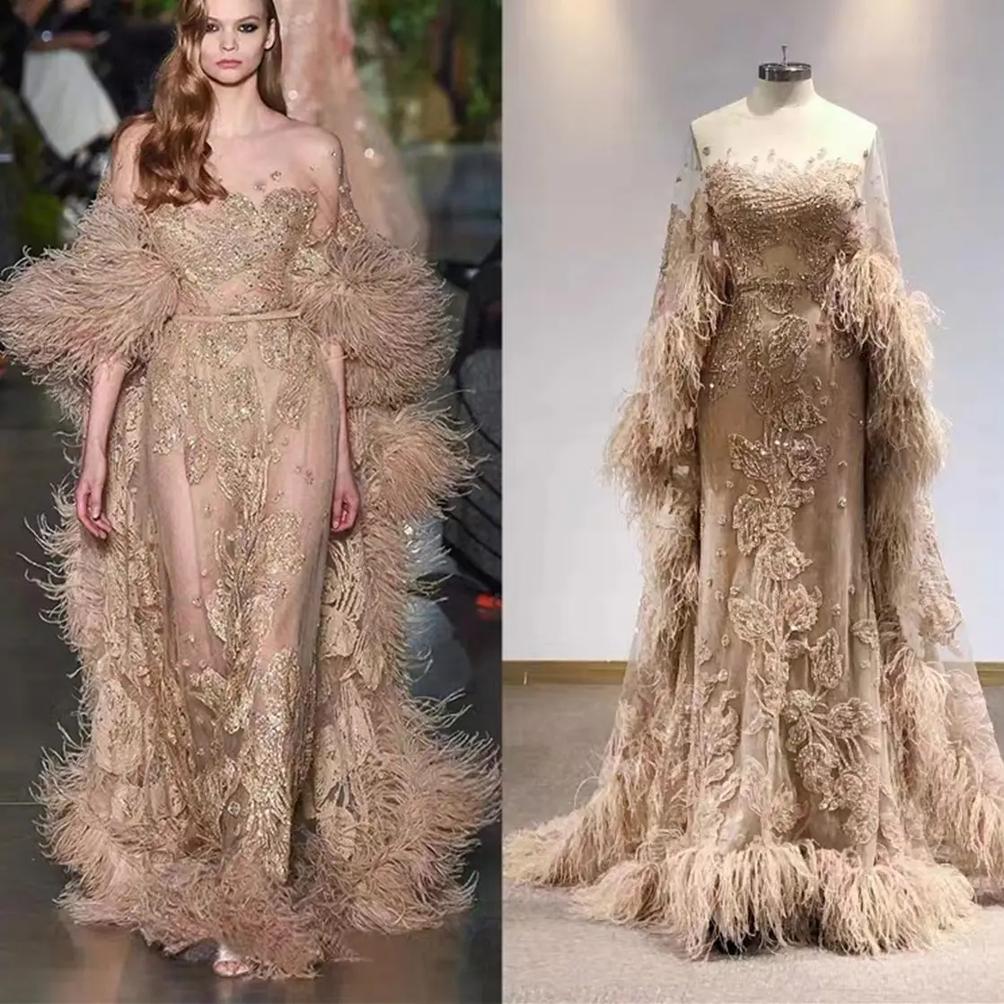 Wedding Celebrity Formal Dress Round Neck Long Sleeves Tulle Feathers Lace Beaded Decoration Ladies Elegant 2023