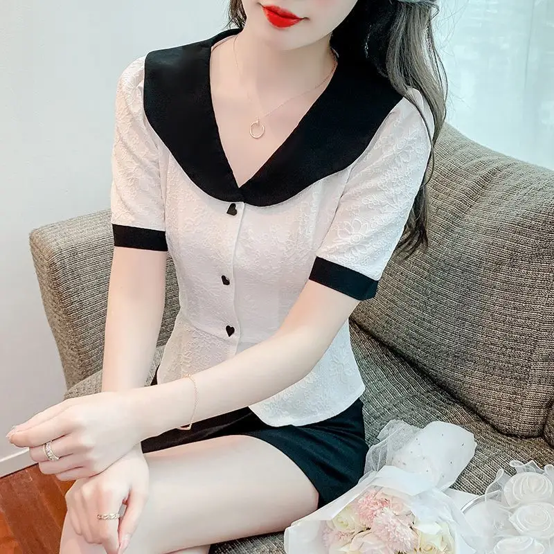 

Новая летняя шифоновая блузка во французском стиле с воротником Babydoll и короткими рукавами на талии для женщин