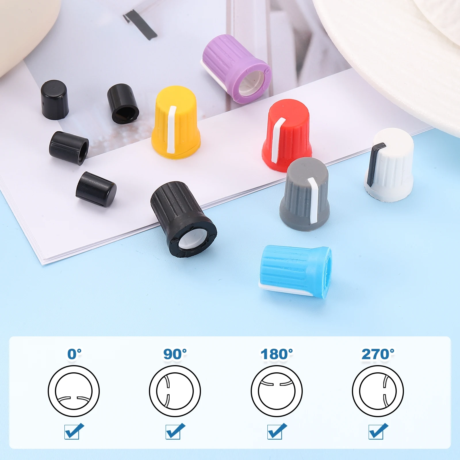 5/10 Stück 6mm Potentiometer D-Wellen-Knopf Gummi 180° Drehung DJ Lautsprecher-Drehknöpfe Steuerknopf für E-Drums Gitarren Mehrfarbig – Detail 4