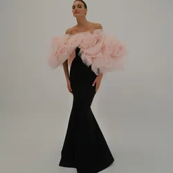 New Couture Black Stretchy Long Mermaid Formal Party Dresses With Floral Cape Pretty Wedding Dress Garden Maxi Gowns