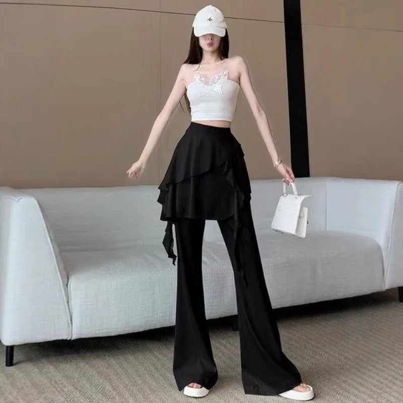 Korean Style Ruffle Edge Fake Two Piece Women's Casual Pants 2026 Summer New Elastic Waisted Black Wide Leg Pants for Women