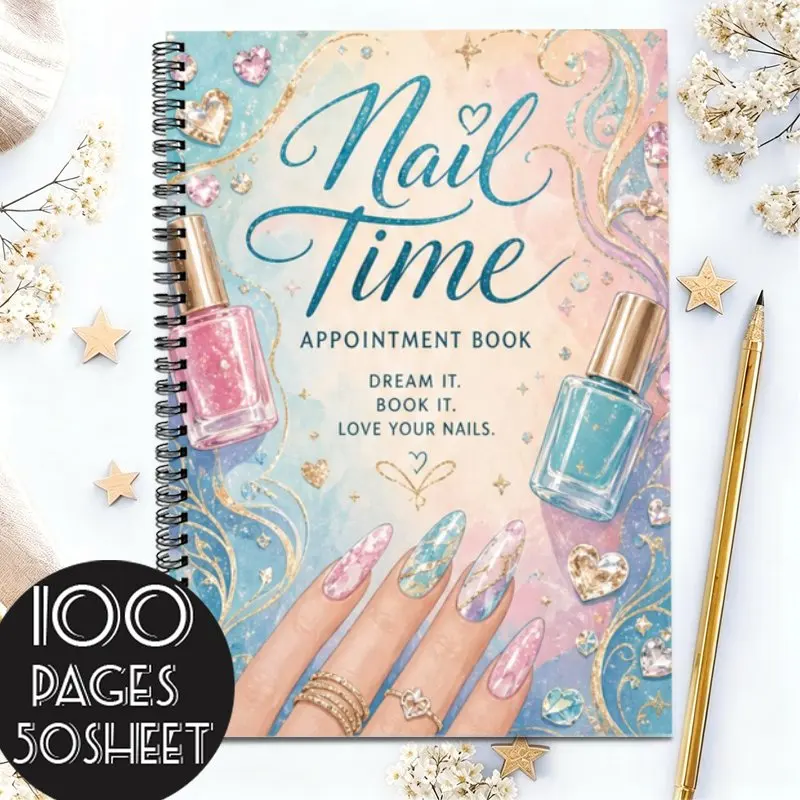 A5 Nail Salon Appointment Book, Pastel Glitter Nail Art Planner, Daily Schedule Organizer for Beauty Salon Professionals