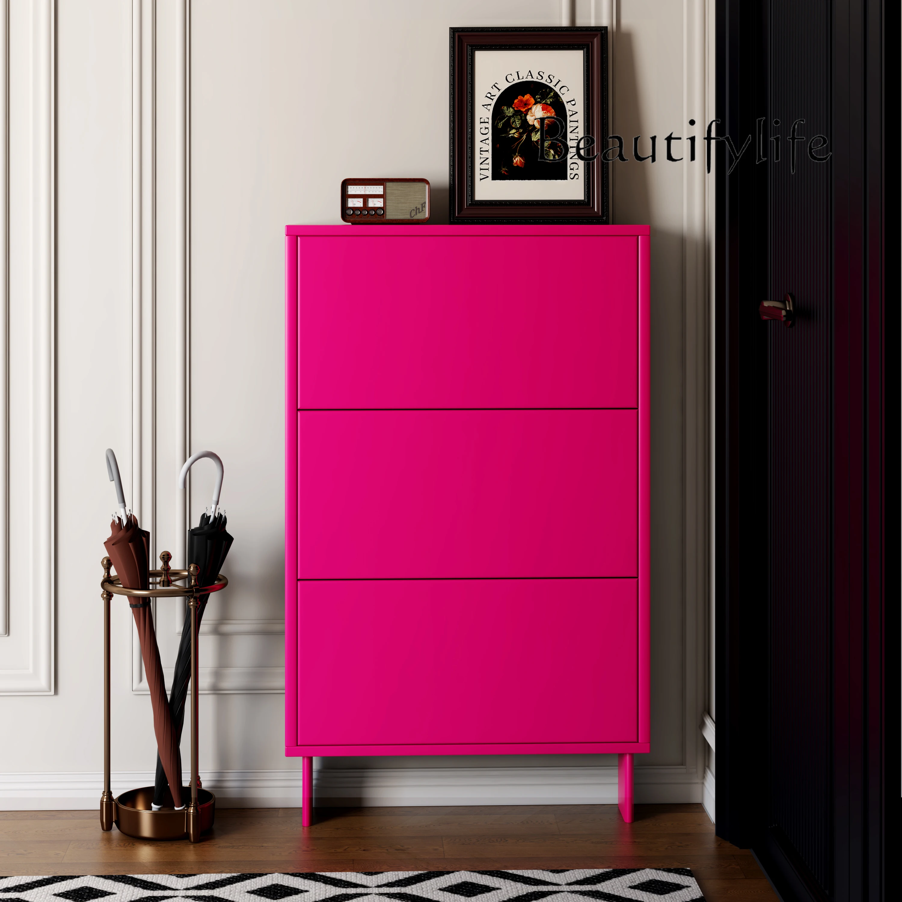 Color solid wood shoe cabinet baking paint, living room home door entrance locker complete customization