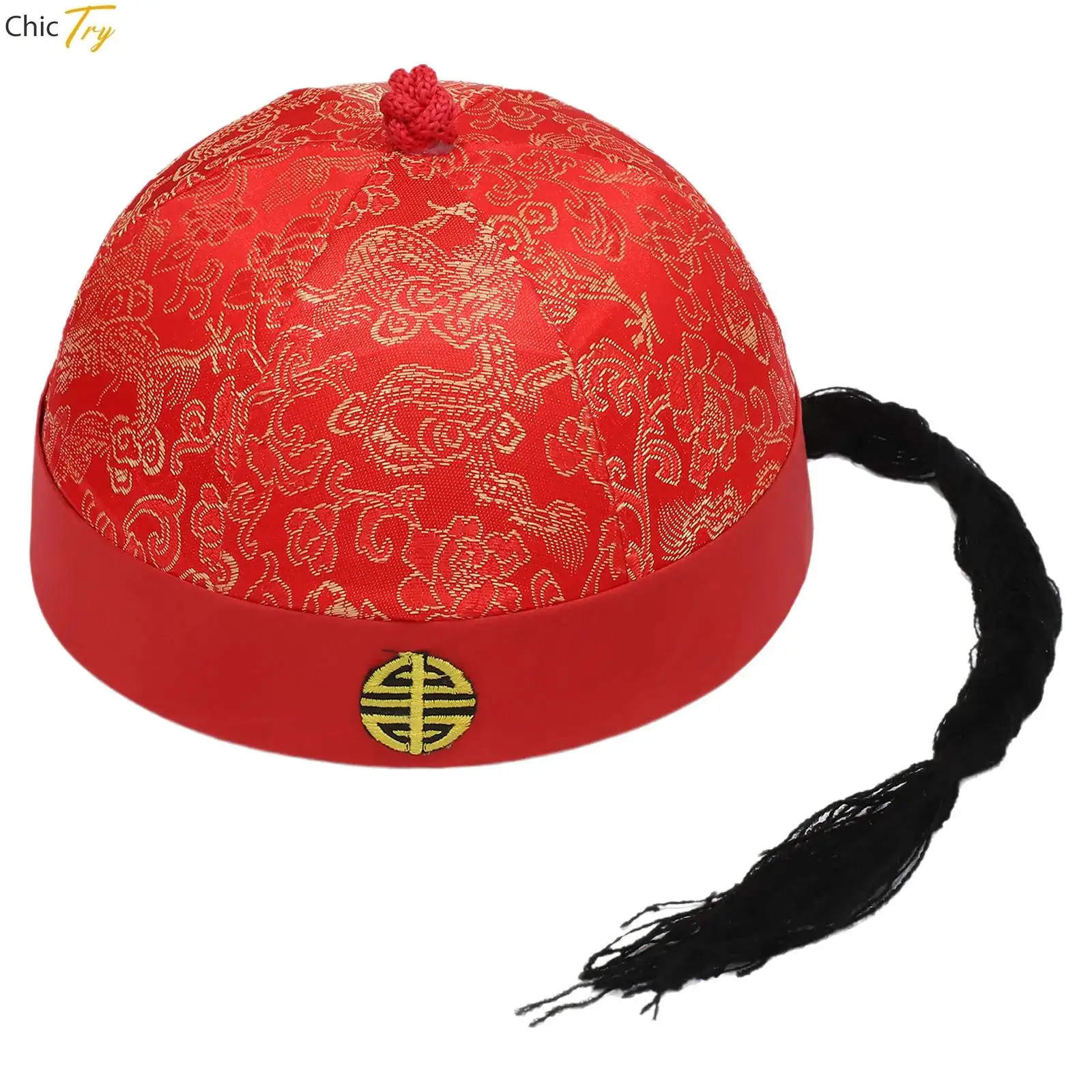 

Ancient Chinese Royal Emperor Hat with Ponytail Embroidered Brocade Dome Cap for Crown Prince Landlord Cosplay Photography