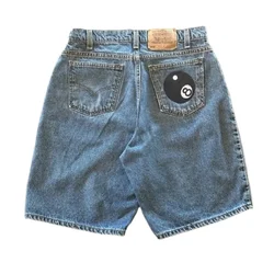 Stickerei, schwarzes Ball-Muster, blaue Jeans-Shorts, hohe Taille, Basketball-Jeans-Shorts für Herren, Straßentasche, Retro, Sommer, Y2K-Shorts