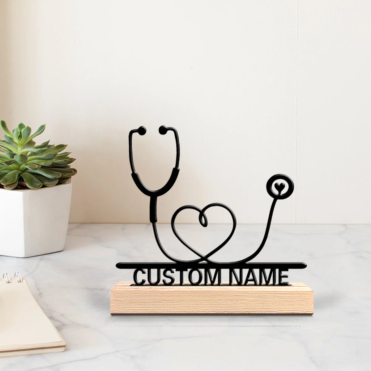 Estetoscopio personalizado a la moda, estatuas de Metal, arte metálico con Base de madera, decoración de mesa adecuada para médicos, 1 ud.