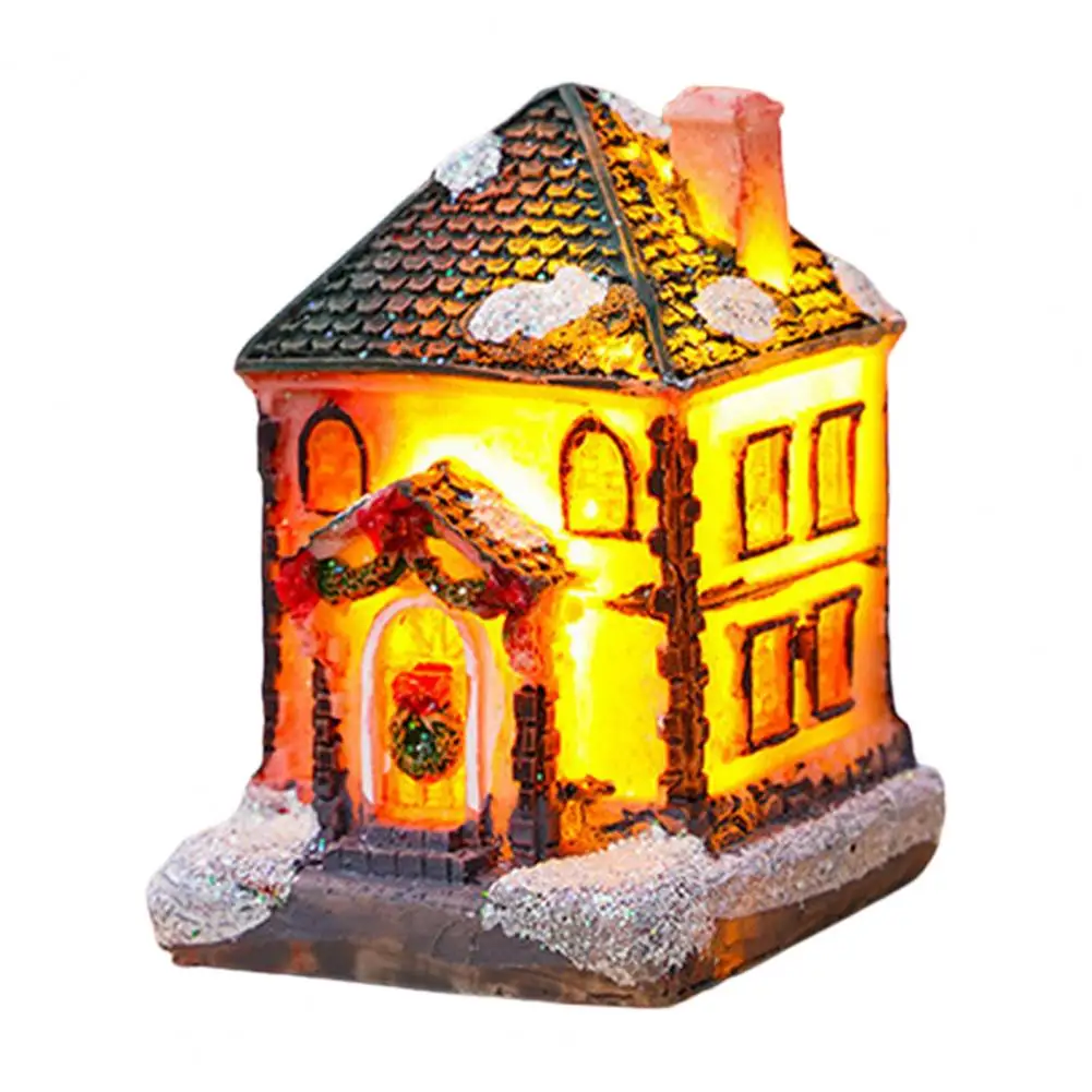 Christmas Glowing House Ornament Warm Lighting Resin Craft Desktop LED Snow Covered House Figurine Statue Christmas Decorations