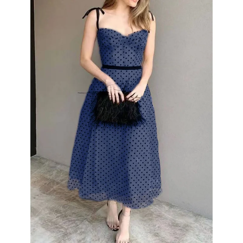 Damen Schnür riemen Polka Dot Temperament hohe Taille abnehmen Eleganz Retro Swing langes Kleid