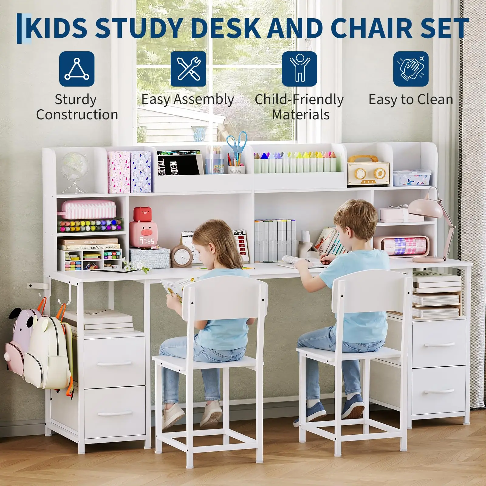 69in Double Kids Desk & Chair Set With Hutch, 4 Drawers, Shelves & Hooks, 2-Person Study Table Ages 6-12 Bedroom Playroom