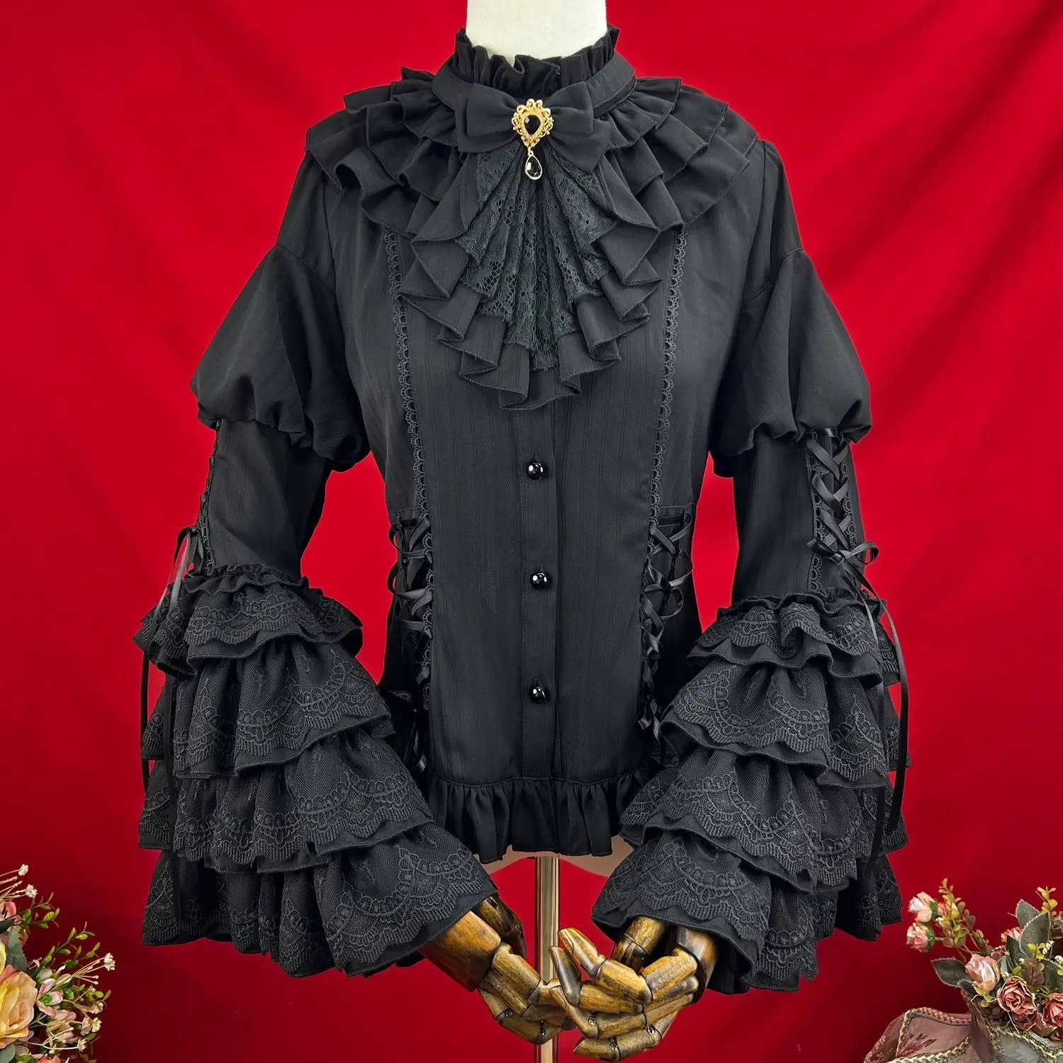 CoalfellLolita ريترو قصر نمط القوطية صديقة الأكمام البوق قميص نفخة تنورة مجموعة لوليتا كم طويل الأعلى